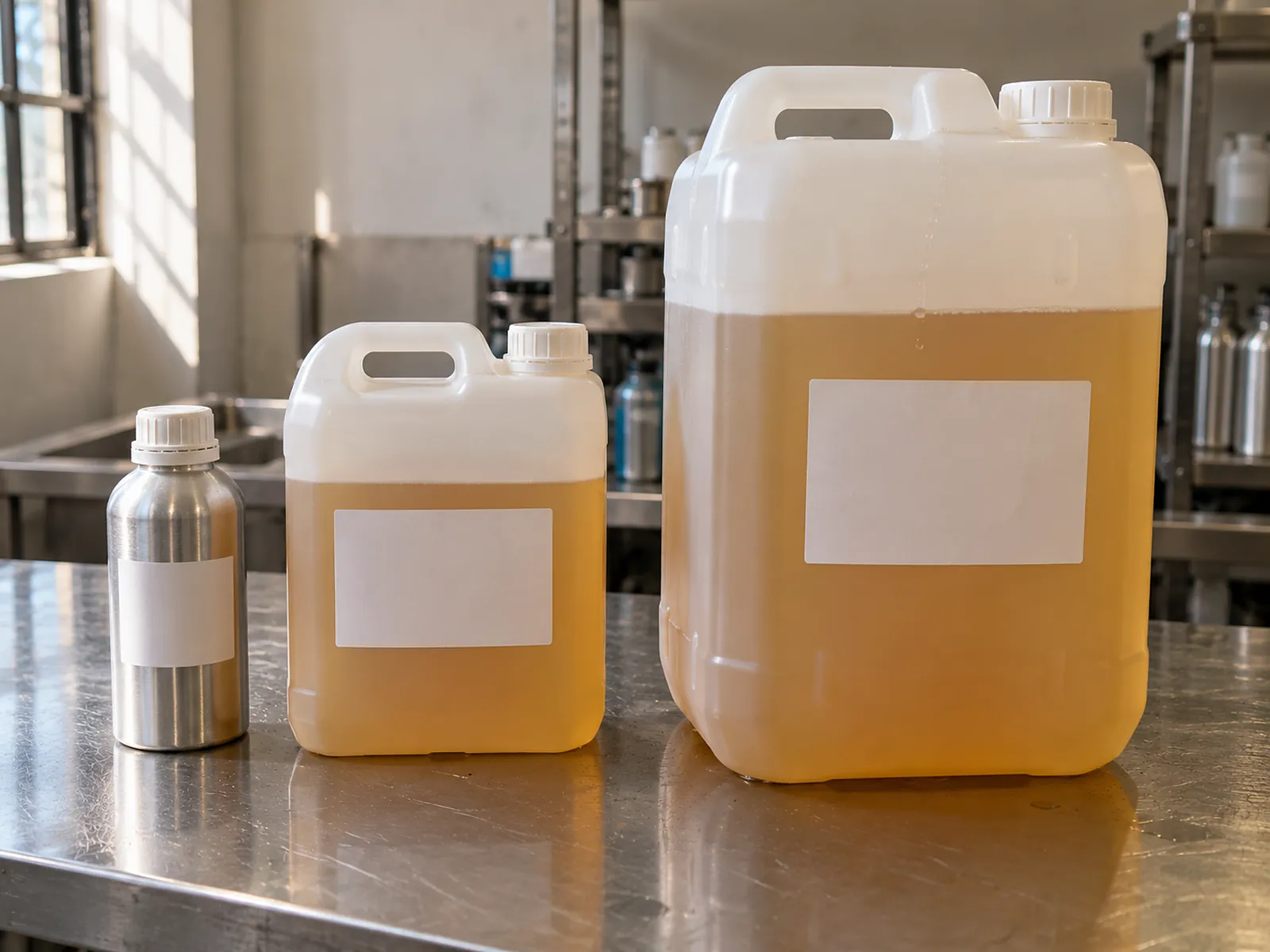 Fragrance oil in a 1 kg aluminium bottle, 5 kg and 25 kg cans